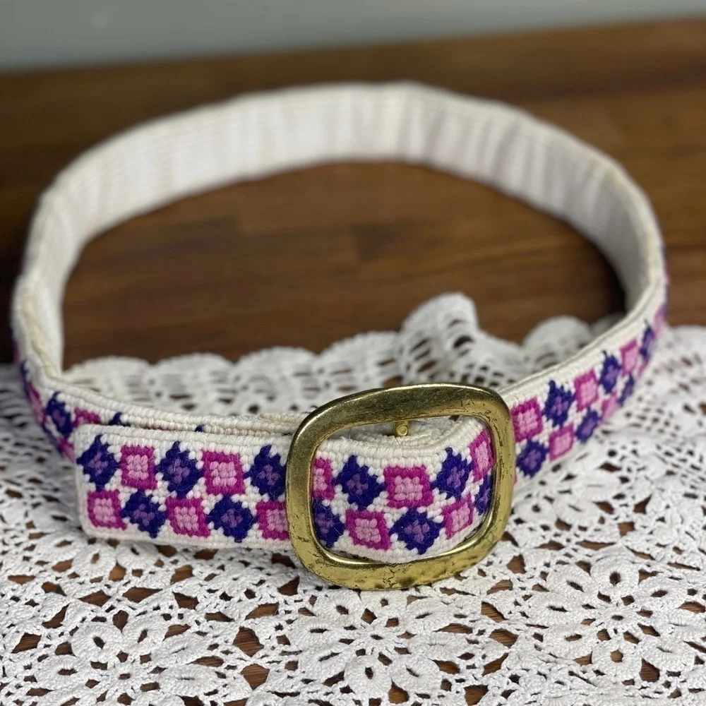 Vintage Handmade Belt Geometric Purple Cross-stitch Corduroy